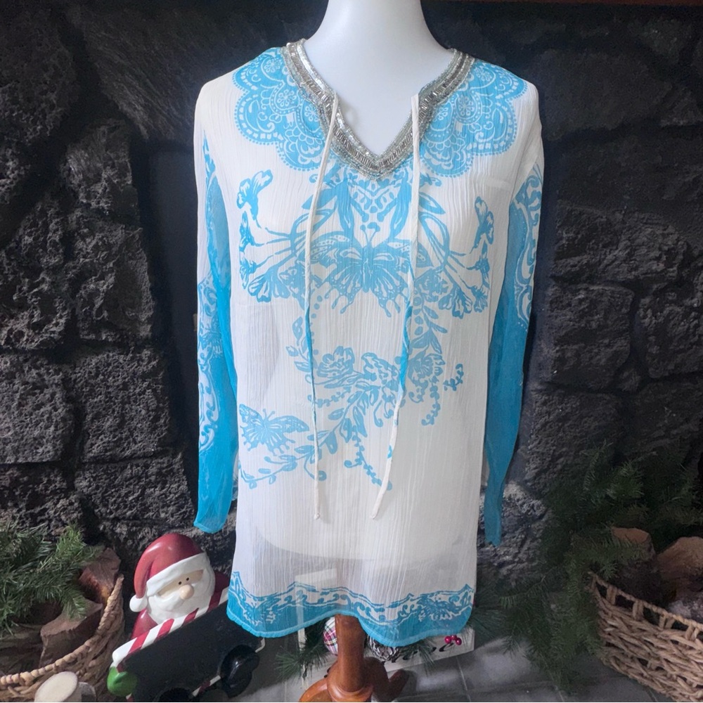 Ingear size Large women’s cruise resort Turquoise White shirt Tunic top